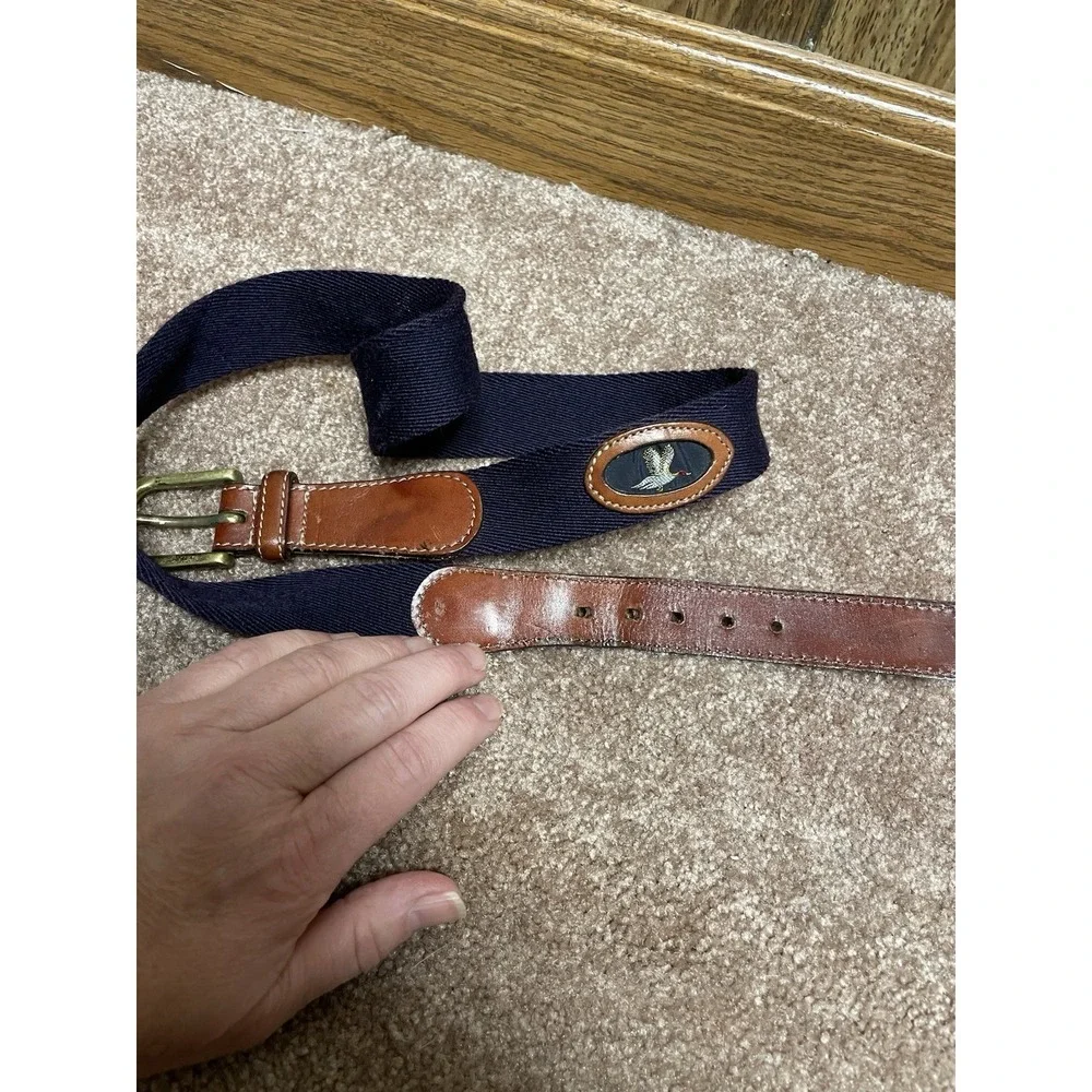 VTG Brighton Leather Belt Duck Size 34 Blue Brown Solid Brass Buckle‎